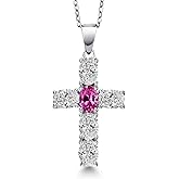 Gem Stone King 925 Sterling Silver Lab Grown Diamond and Pink Created Sapphire Cross Pendant Necklace for Women | 2.50 Cttw | Gemstone April Birthstone | Oval 6X4MM | With 18 Inch Chain