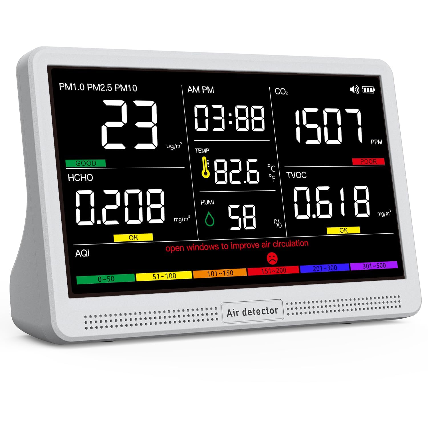 Photo 1 of 16 in 1 Air Quality Monitor Indoor 7" Display 9 AQI+7 AQI Alerts Air Quality Meter for CO2, TVOC, PM2.5 PM1.0 PM10, HCHO, Temperature Humidity AQI & Time, Air Detector Air Quality Tester for Home