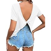 Zuoyouzi Women's Twist Backless Short Sleeve T Shirts Tops Round Neck Curved Hem Casual Workout Tee T-Shirts