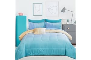 Dinjoy Reversible Girls Comforter Set Full Size Colorful Ombre Blue Yellow Rainbow Bedding Set 7 Pieces Bed in A Bag for Kids Teen Girls Women(1 Comforter, 1 Flat Sheet, 1 Fitted Sheet)