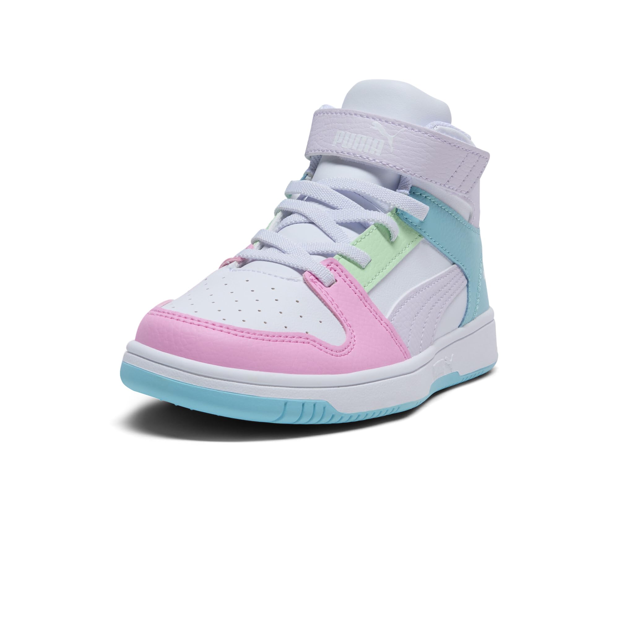 PUMA Unisex-Child Rebound Layup Mid Hook and Loop, PUMA White-Lilac Frost-Safe Lake, Little Kid 3.5 Image