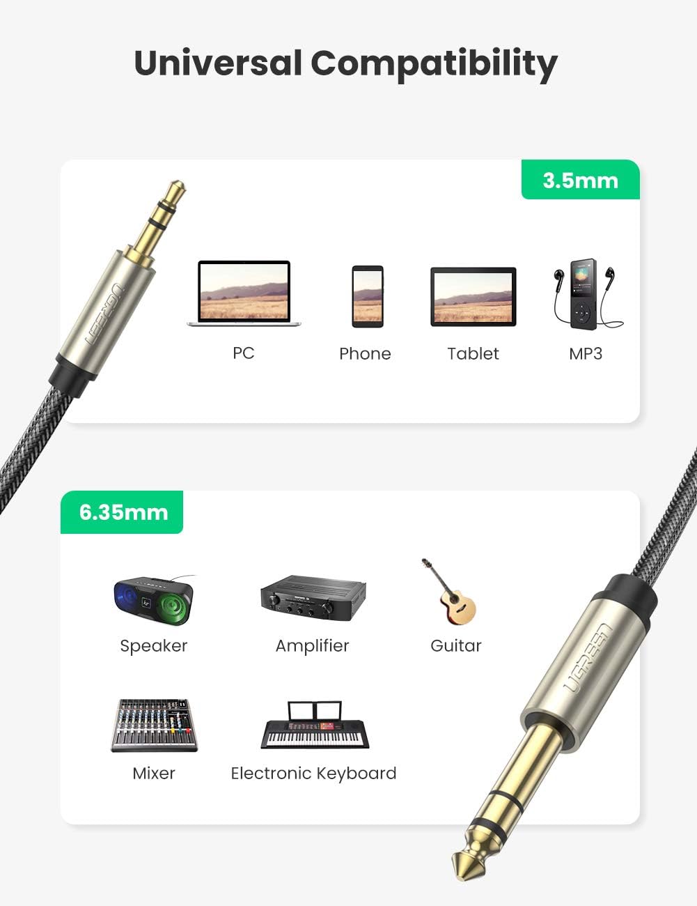 UGREEN 6.35mm 1/4" Male to 3.5mm 1/8" Male TRS Stereo Audio Cable with Zinc Alloy Housing and Nylon Braid Compatible for iPod, Laptop,Home Theater Devices, and Amplifiers, 3FT: Electronics