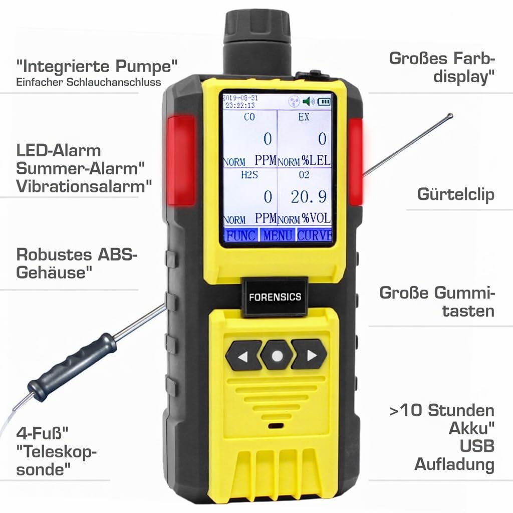 4-Gas-Messgerät mit Pumpe und Sonde | EU-Kalibrierzertifikat | Integrierte Pumpe und 4-Fuß-Sonde | Sauerstoff (O2), Kohlenmonoxid (CO), Schwefelwasserstoff (H2S), EX%UEG 5