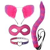 4 Pieces Pink and Purple Striped Cat Ears and Tail Set-Faux Fur Fox Headband with Mask Tail Collar Cosplay Party Halloween Costume Accessories for Kids and Adults