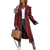 Fisoew Women's Double Breasted Long Trench Coat Windproof Classic Lapel Belted Overcoat with Pockets