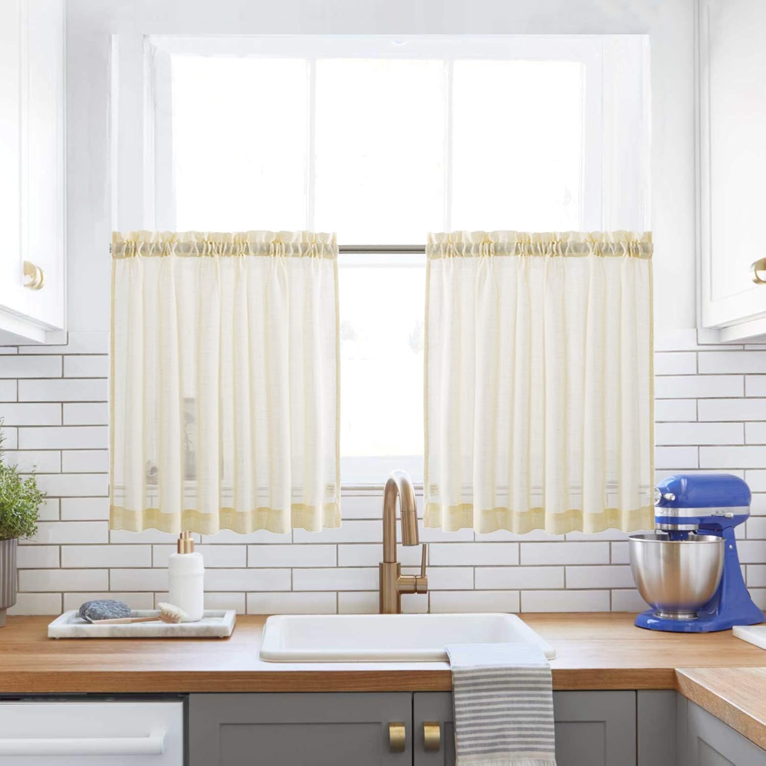 Amazon Com Pale Yellow Kitchen Tier Curtains Rod Pocket Linen Like Privacy Semi Sheer Drapes Half Window Curtain Panels For Bathroom 2 Pieces 36 L Kitchen Dining