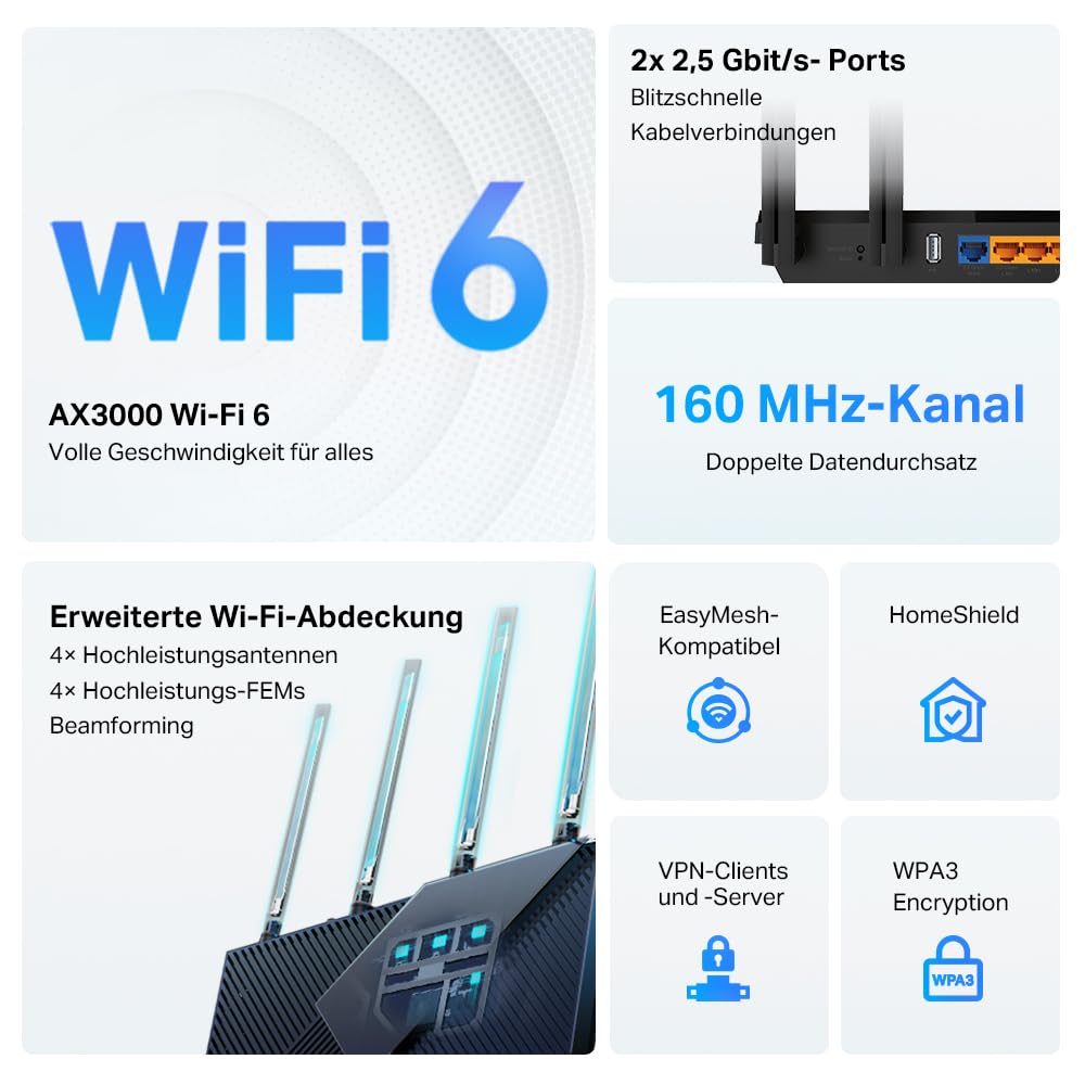 TP-Link Archer AX55 Pro Wi-Fi 6 WiFi Router Dual Band AX3000, 1×2.5Gbps Port + 4×Gigabit Port, USB 3.0, VPN, WPA3, OneMesh, Parental Control, HomeShield, No Support for DSL Function