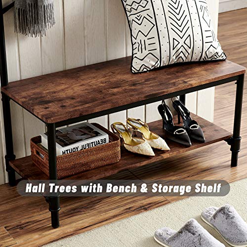 Industrial Hall Tree Shoe Bench, 5 in 1 Entryway Coat Rack