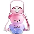 CLWVPCOT Bear Water Bottle, 32oz Cute Kawaii Teddy Bear Water Bottle with Straw & Adjustable Strap, Leak-Proof, Light Weight, BPA-Free, Durable & Safe Plastic Drinking Cup for Kids & Girls (Pink)