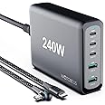 WOTOBEUS 240W 5-Ports USB C Charger | GaN PD 100W PPS45W Super Fast Charging Station & 5A LED Cable & AC Cord for iPhone 16 15 14 iPad MacBook Pro Air Samsung Galaxy S24 Pixel Type-C Laptops