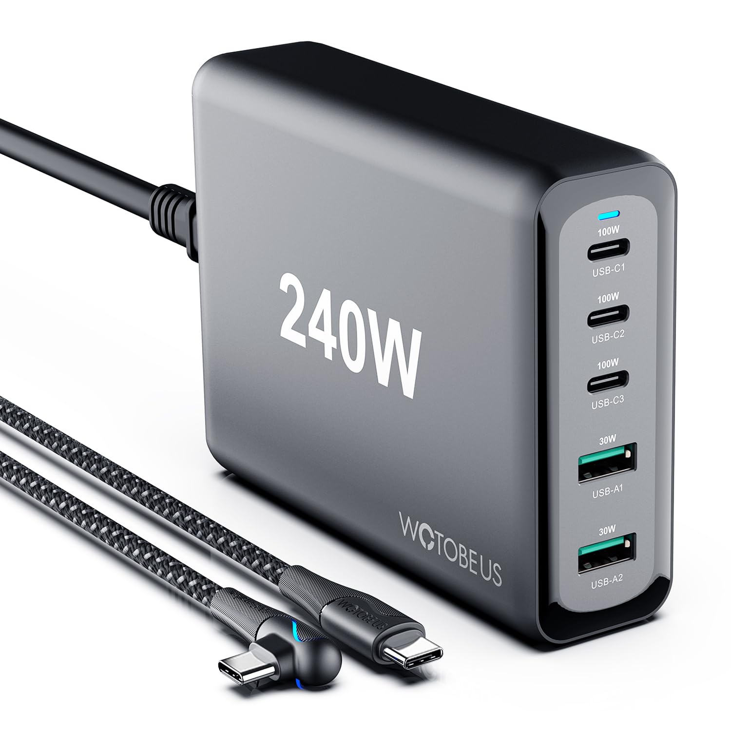 Photo 1 of WOTOBEUS 240W 5-Ports USB C GaN Charger | PD 100W PPS45W Super Fast Charging Station & 5A Cable & AC Cord for iPhone 16 15 14 iPad MacBook Pro Air Galaxy S25 S24 S23 Ultra Pixel Type-C Laptop