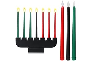 Baquler 8 Pcs Kwanzaa Kinara Set Kwanzaa Candles Flameless Battery Powered Electric Flameless Taper Candle with Kinara Holder Wood Stand for Decorations(Black Holder)