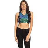 Anna-Kaci Womens Sleeveless Sequin V Neck Cropped Tank Top Clubwear Night Out, Silver