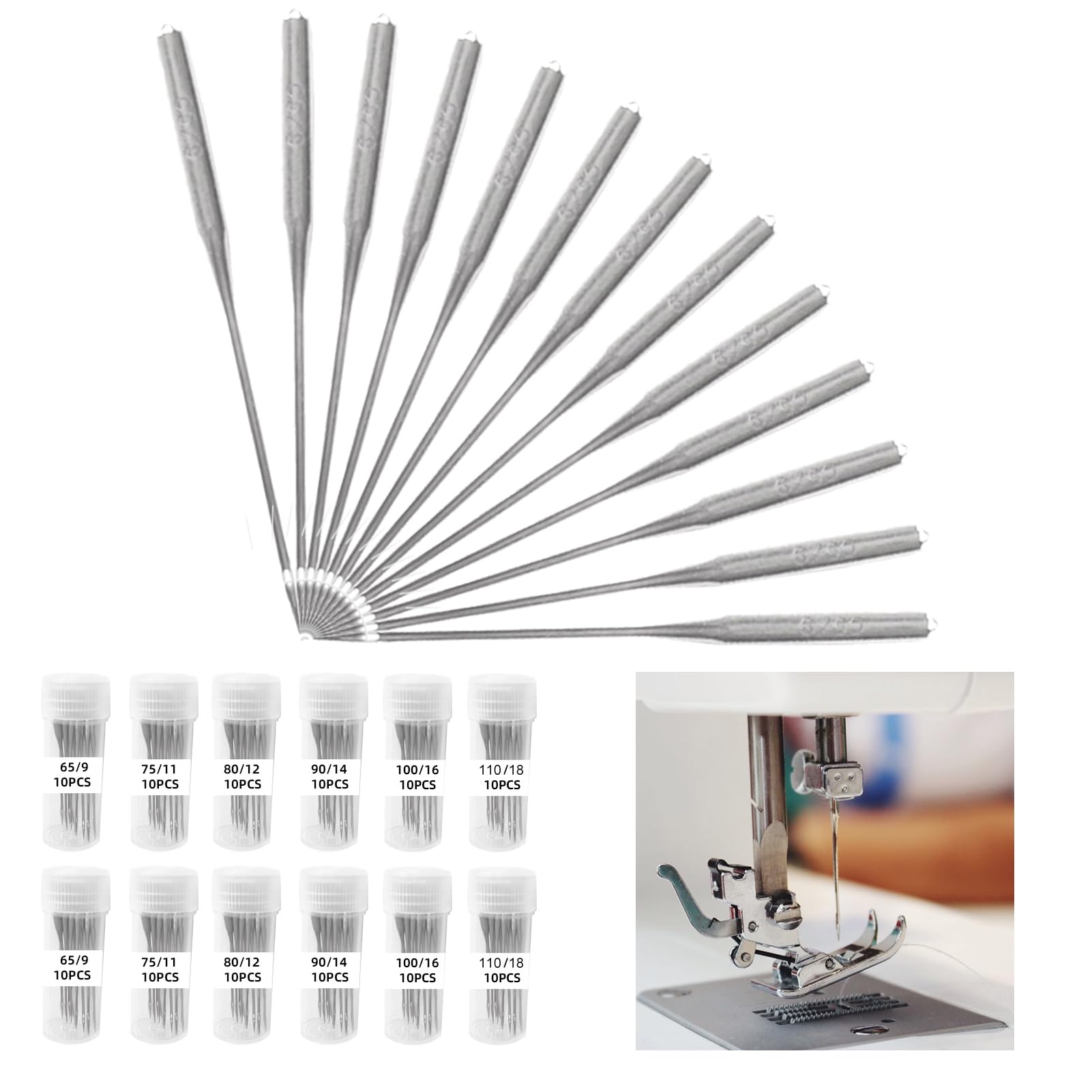 120pcs Sewing Machine Needles, Universal Machine Needles 6 Sizes Straight Bags Storage Tube Sharp