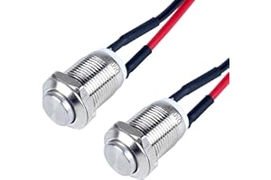 DMWD 2-Pack 12mm Momentary Metal Waterproof Push Button Switch Raised Head 1/2" Mounting Hole with Pre-soldered Cable 250V 2A
