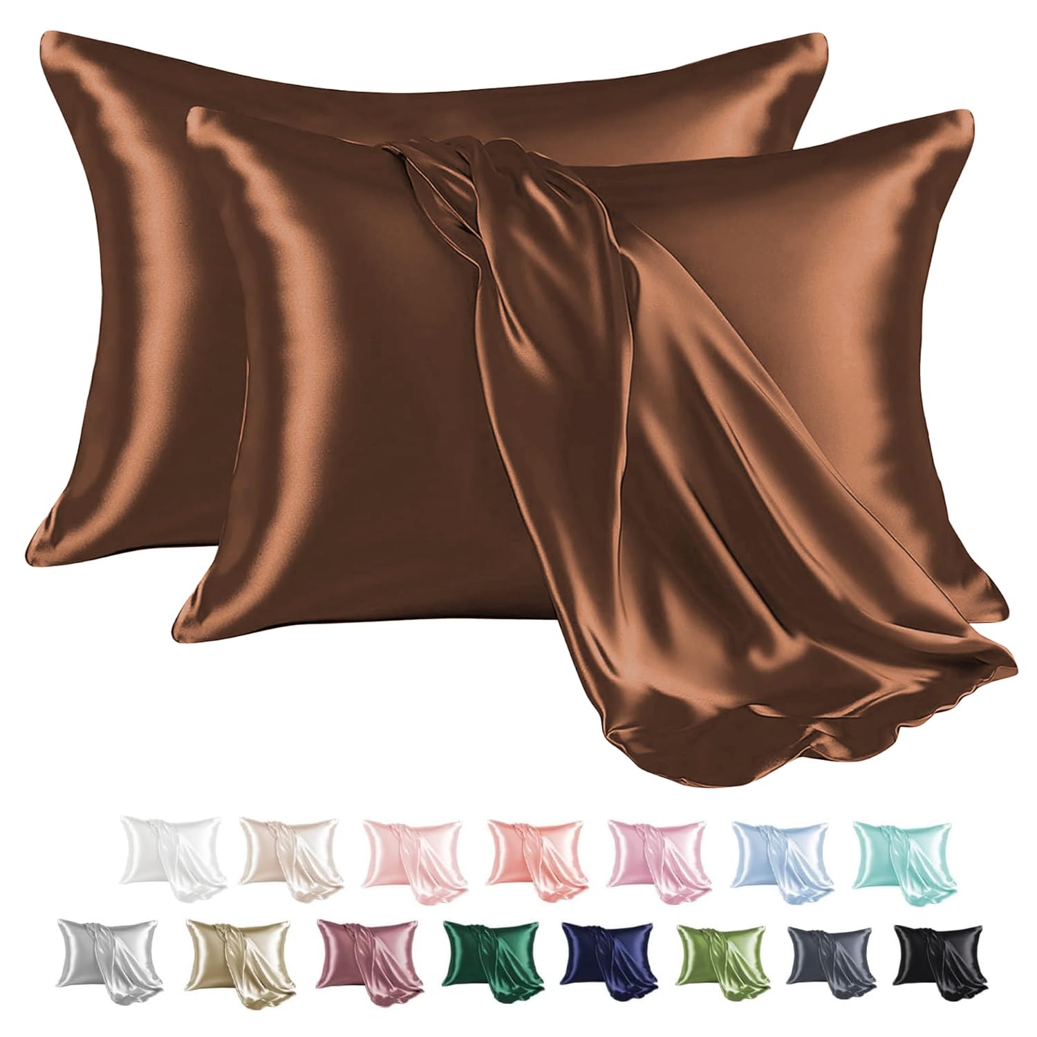 Photo 1 of MR&HM Satin Pillowcase for Hair and Skin, Silk Satin Pillowcase 2 Pack, King Size Pillow Cases Set of 2, Silky Pillow Cover with Envelope Closure (20x40, Brown)