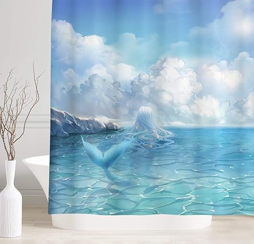 Amazon Com Nymb Cute Mermaid Batmroom Shower Curtain Novelty Ocean And Sky Cloud Decor Kids Girls Bathroom Curtain Cartoon Shower Curtain Wth Hooks Waterproof Bath Accessories 69x70inches Home Kitchen