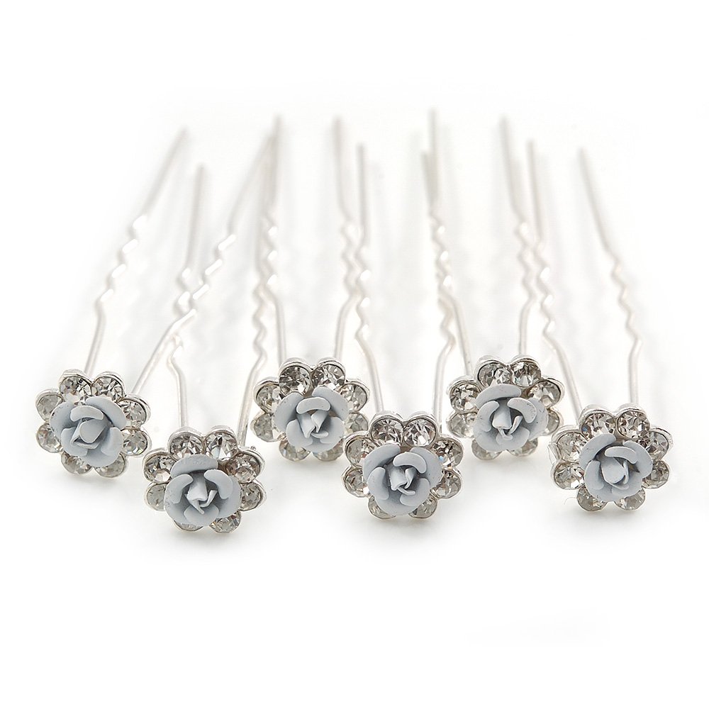 Bridal/Wedding/Prom/Party Set Of 6 Clear Austrian Crystal White Rose Flower Hair Pins In Silver Tone