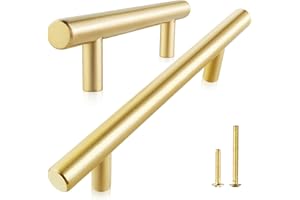 QOGRISUN 2-Pack Solid Brass Cabinet Pulls, Gold Euro Style T Bar Handles, 3-Inch Hole Center for Kitchen Drawer Dresser Cupboard, 4.9-Inch Total Length, Brushed Brass Finish