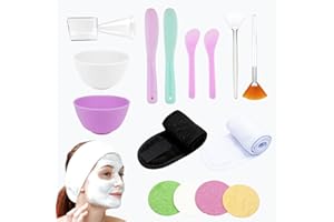 Rowcay 15 Pcs Face Mask Mixing Bowl Set, 2 Silicone Mask Bowl 2 Facial Headbands, 4 Compressed Facial Sponges 2 Facial Mask F