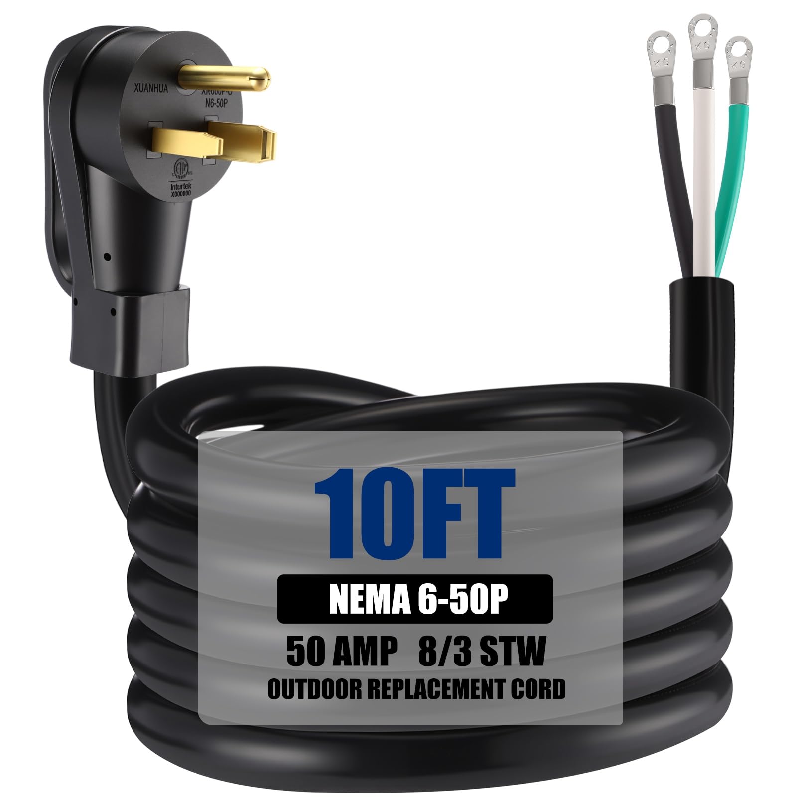 Photo 1 of Kanayu 10 ft 8 Awg 3 Prong Replacement Power Cord Compatible with Nema 6-50p 40 Amp 250v Welder Extension Cable with Open End for Welder Dryer Garage Heater Generator, Etl Listed