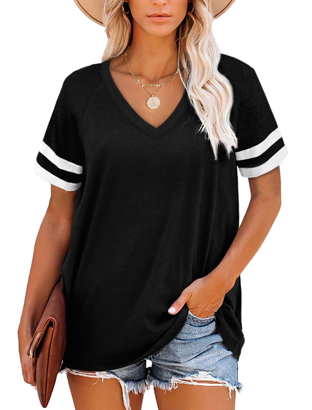 Grace's Secret Women's V Neck T Shirt Color Block