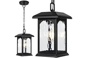FILIYANO Outdoor Pendant Light Fixture, Adjustable Exterior Chandelier, Black Hanging Light, Porch Light with Temperate Rippled Glass, Modern Outside Hanging Lantern for Front Door, Gazebo, Patio, Anti-Rust