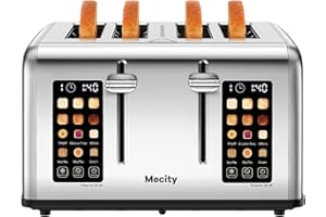 Mecity 4 Slice Toaster Touch Screen Control 4 Wide Slot, Stainless Steel Smart Bread Toaster for Bagel Muffin Waffle, Dual Control Pannel, Timer, Defrost, Reheat, 120V 1650W