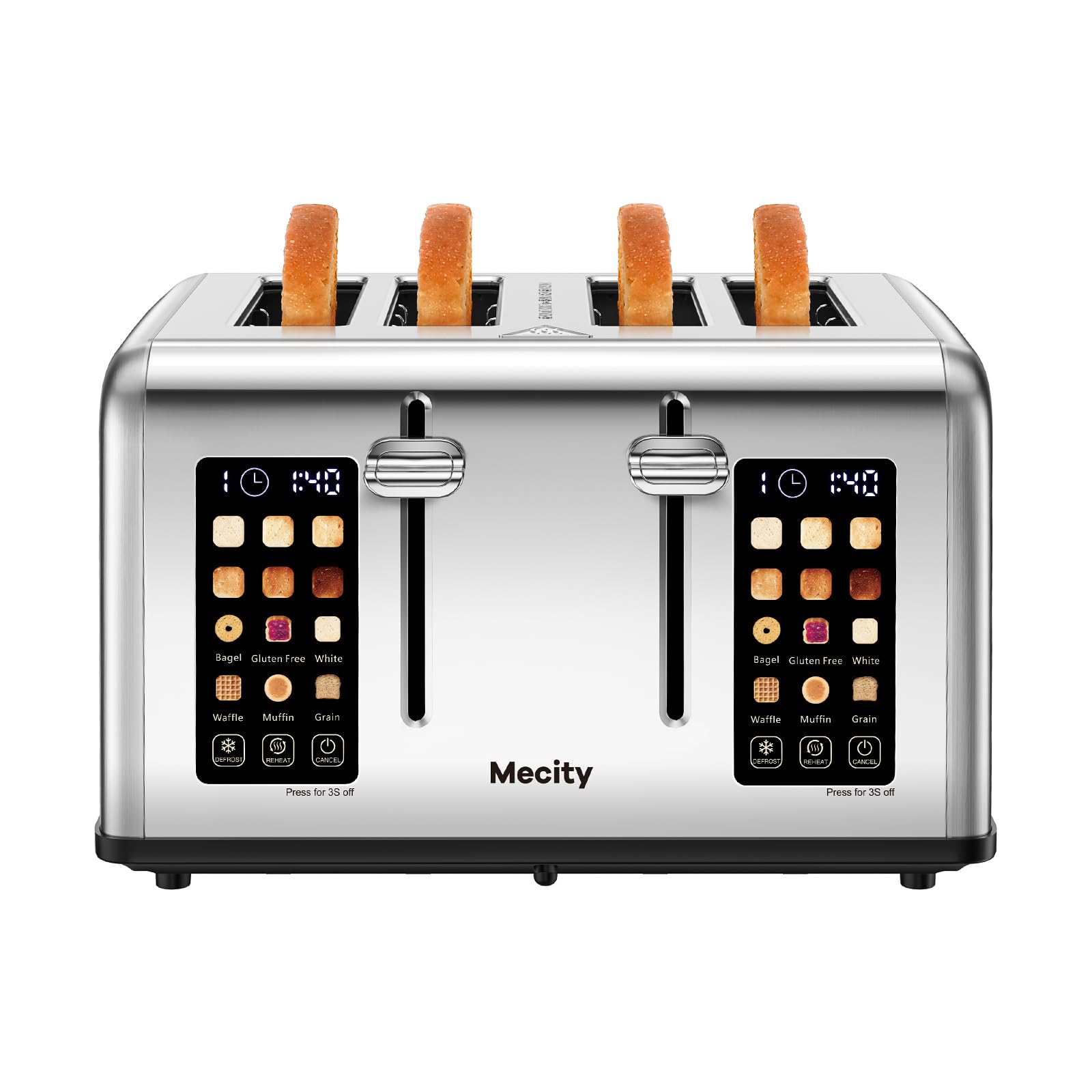Mecity Tostadora de 4 Rebanadas con Control de Pantalla Táctil, 4 Ranuras Anchas, Tostadora de Pan Inteligente de Acero Inoxidable para Bagels, Muffins, Waffles, Panel de Control Dual, Temporizador, Descongelar, Recalentar, 120V 1650W