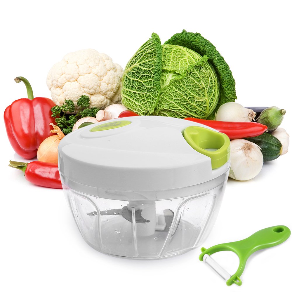 Uten Picadora de Alimentos, Capacidad de 500 ML, 3 Cuchillas de Acero Inoxidable, Cortador de Verduras para Verduras / Frutas / Carne, etc, Color Blanco y Verde