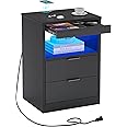 ADORNEVE LED Nightstand Black Nightstand with Wireless Charging Station 2 Drawers, Modern Bedroom End Side Table with LED Lights, Wooden Sofa Bedside Table with Pull-Out Shelf