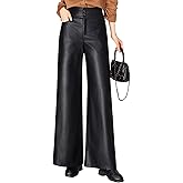 Lucrosun Trendy Faux Leather Pants High Waist Wide Leg PU Leather Palazzo Trousers