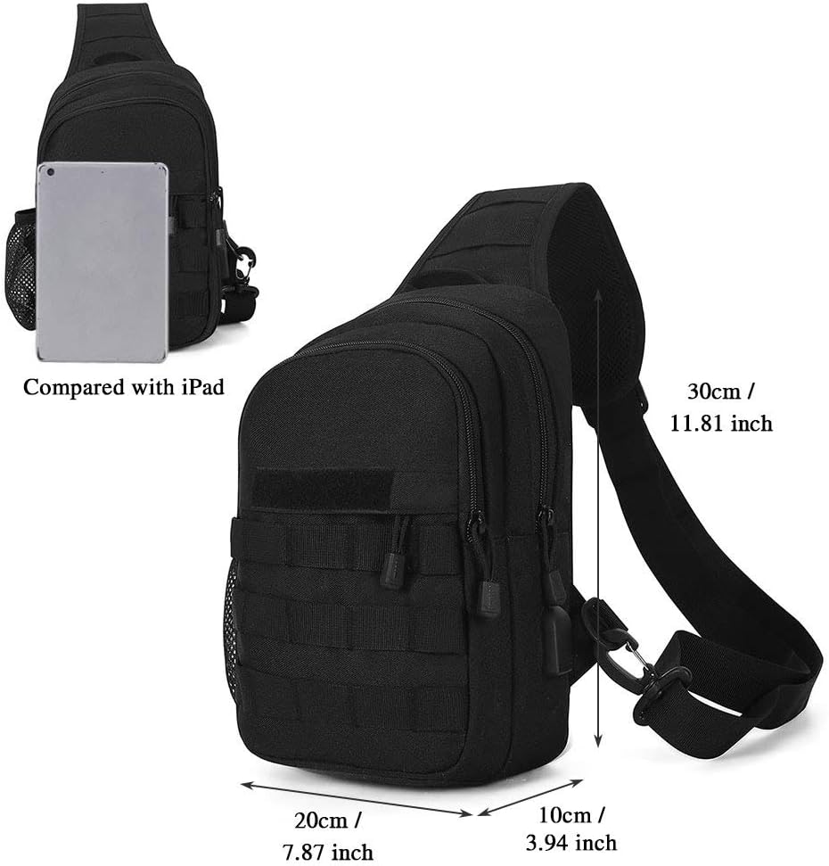 HUNTVP Tactical Chest Bag Molle Chest Sling Pack Backpack with Water Bottle Holder Pouch/USB for Hiking Cycling Gym School Dog Walking Outdoors(Type3-black) - Image 4