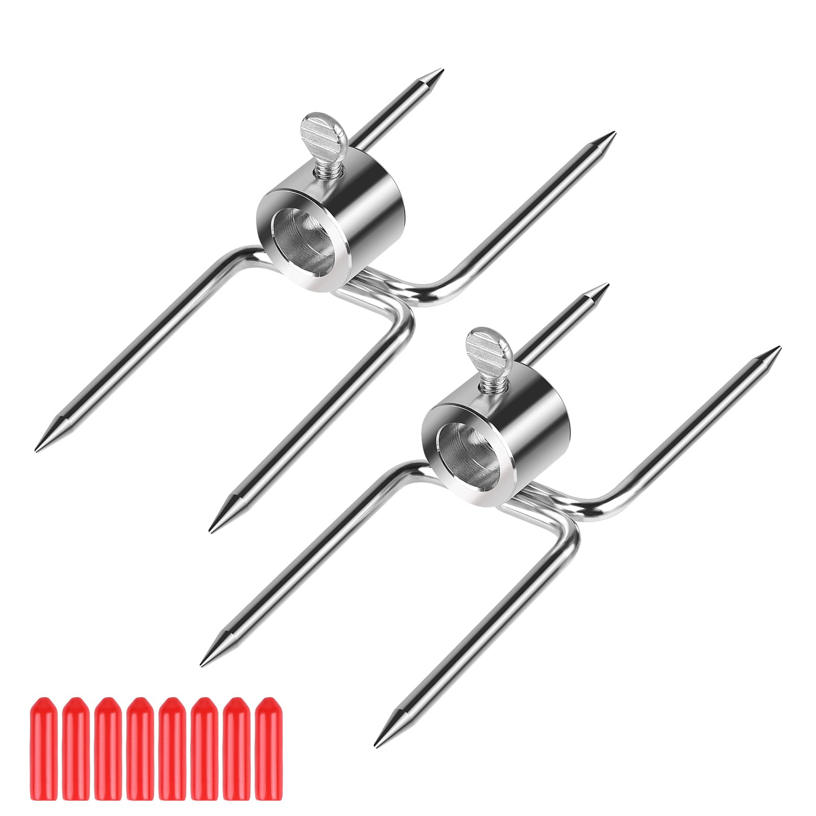 CPROSP 2pcs Rotisserie Meat Fork with Diameter 15 mm, Meat Needles for Skewer with Locking Screw with Protective Cover Red
