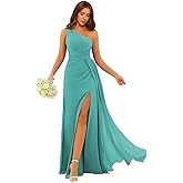 YMSHA One Shoulder Bridesmaid Dresses with Slit Pleated Formal Dress for Women CLN001