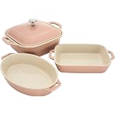 Staub Ceramic 4-pc Baking Pans Set, Casserole Dish with Lid, Brownie Pan, Light Pink