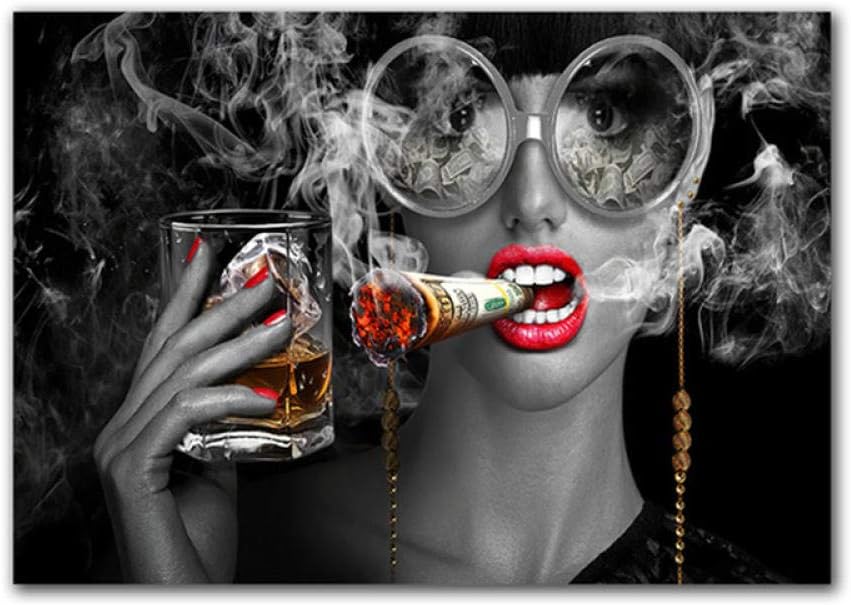 Moda Belleza Mujer Fumando con Gafas Lienzo Posters Pintura Escandinava