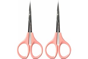 KOOTINN 2-Pack Curved Craft Scissors, Small Beauty Eyebrow Scissors, Stainless Steel Trimming Scissors for Eyebrow, Eyelash Extensions, Facial, Nose Hair (2 Pack Pink).