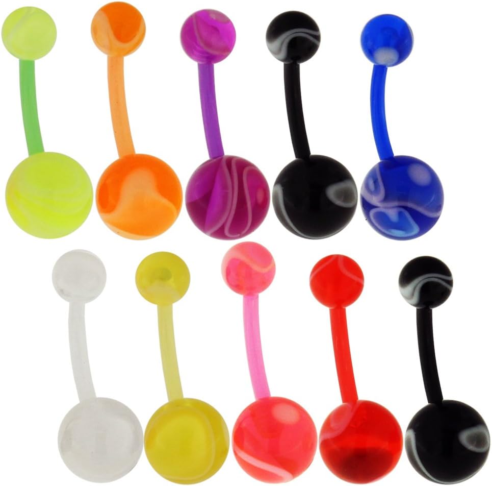 MONSTER PIERCING10 Pieces Pack of UV Marble Ball with 14 Gauge Bioplast Flexible Banana Belly Bar Piercing