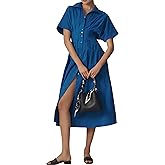 Burtell Women Casual Striped Button Down Pleated Shirt Maxi Dress Summer Lapel V Neck Short Sleeve Empire Waist Long Dress