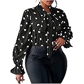 WDIRARA Women's Plus Size Heart Print Bow Tie Neck Long Sleeve Blouse Office Shirt Top