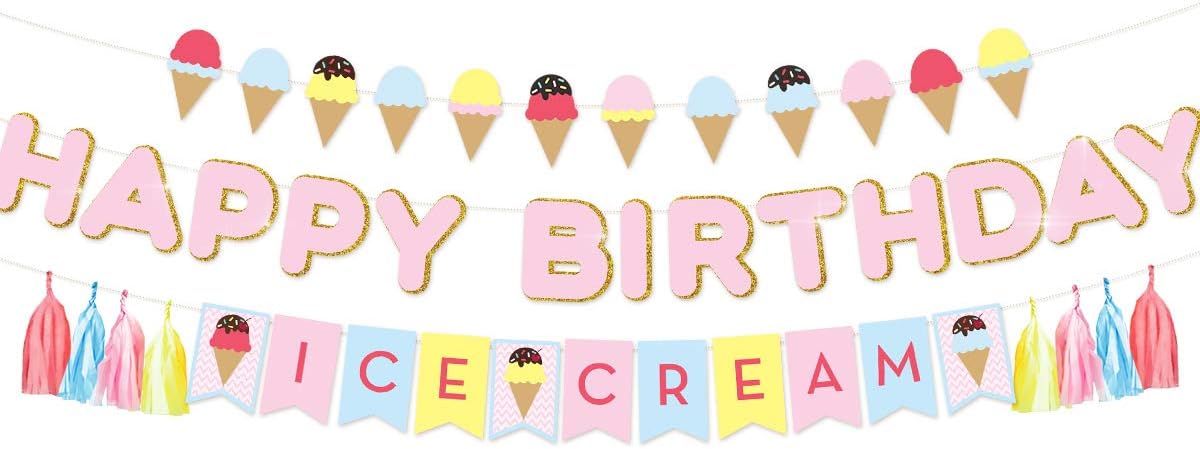 NICROLANDEE Glittery Happy Birthday Banner Flags Ice Cream Theme Paper Garland With Tassel for Kids Party Summer Baby Shower Decoration Supplies