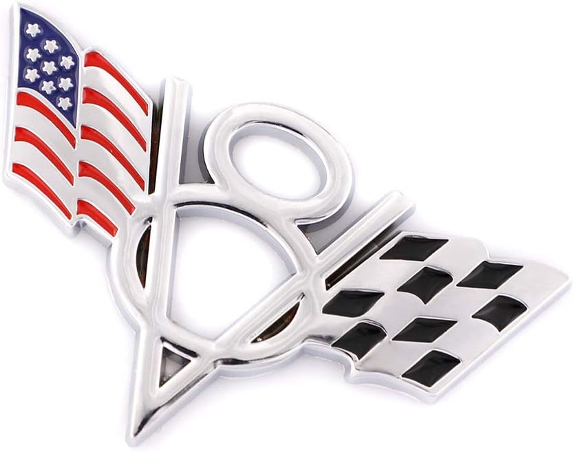 Metal V8 US Racing Flag Car Styling Emblem Badge Fits For Chevrolet Corvette Camaro Fender Trunk Lid Nameplate Decoration (Silver)