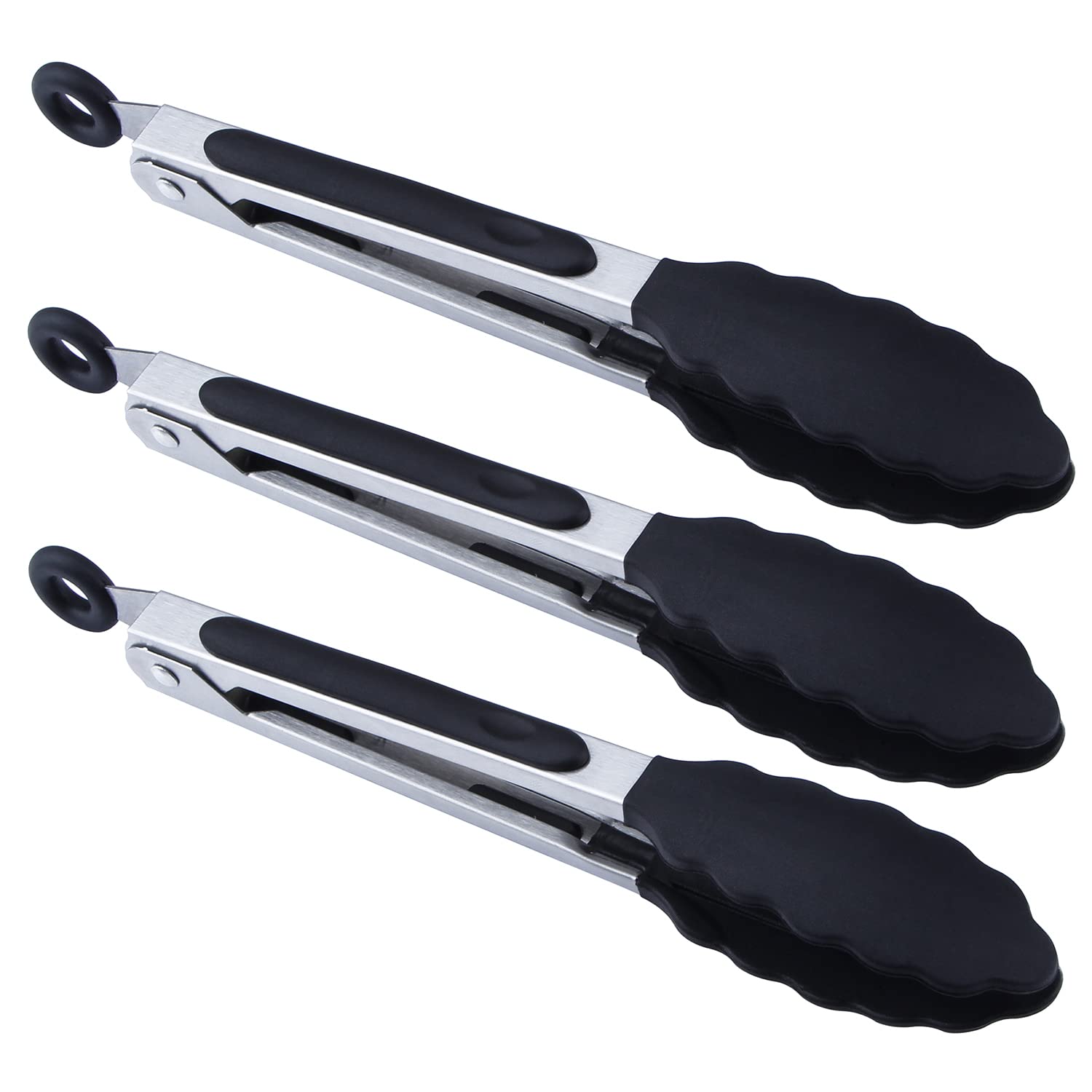 MSY BIGSUNNY 7" Mini Silicone Serving Tongs - Set of 3 (Black)