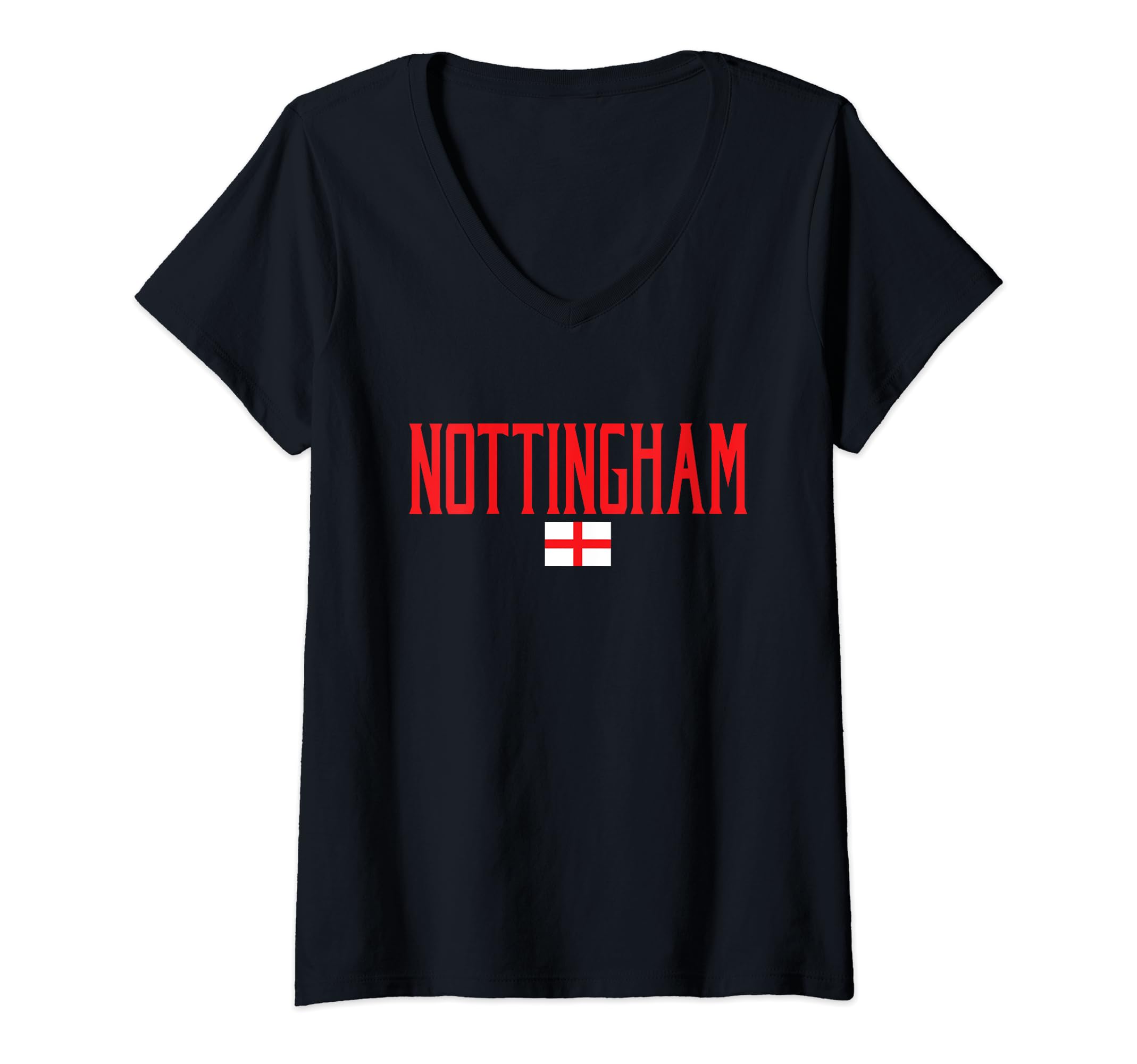 Womens Nottingham England Flag Red Text V-Neck T-Shirt