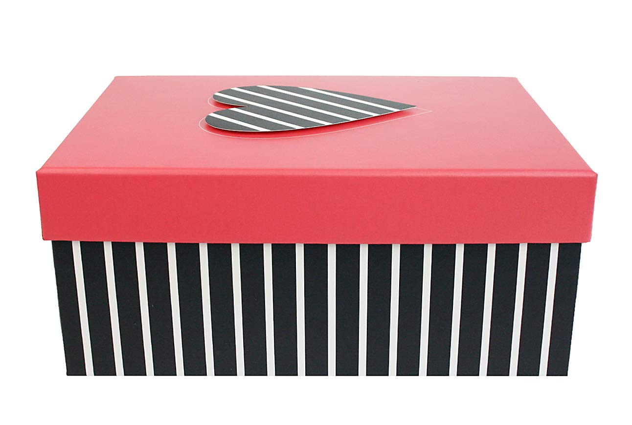 Emartbuy Gift Box, 25.5 cm x 18.5 cm x 11.5 cm, Black Stripes Box with Pink Lid and Hearts Pattern