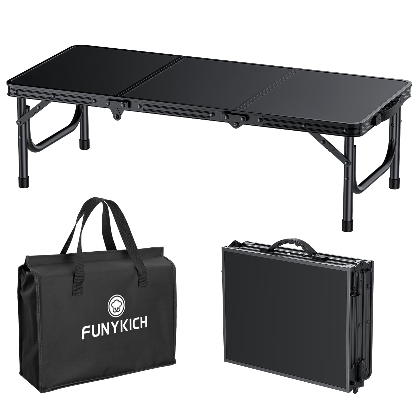 Photo 1 of FUNYKICH 3ft Low Folding Picnic Table(34.2''x15.7''x10.3''), Thicker Aluminum Legs Beach Table with Handle & Carry Bag, Lightweight Small Camping Table for Picnic Beach Camping Party, Black