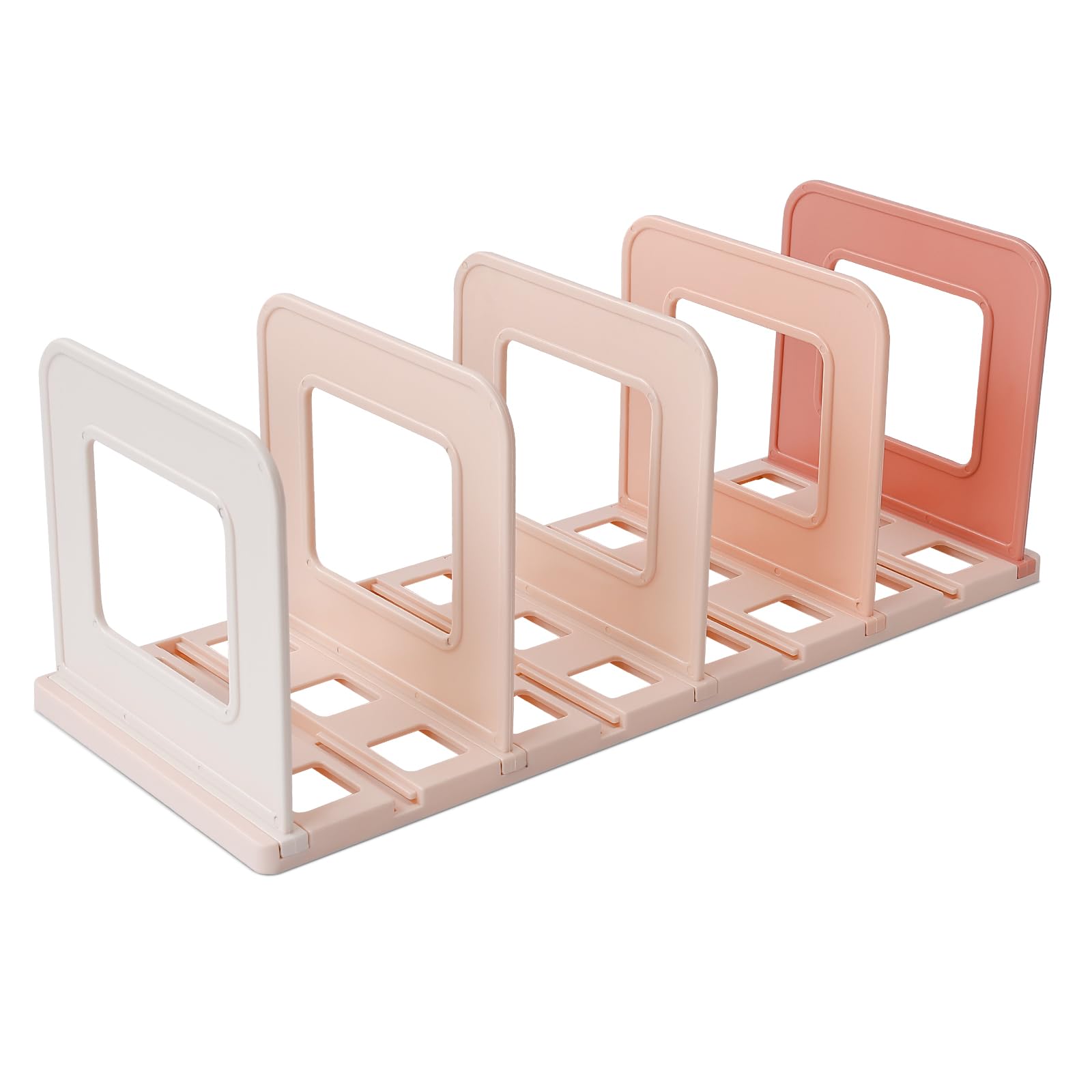 Photo 1 of BAYTORY Gradient Desk File Holder, Vertical File Organizer with Adjustable Dividers, Desktop Book Organizer, Binder Shelf for Office Desk Kitchen Shelf Closet (4 Slots, Pink)
