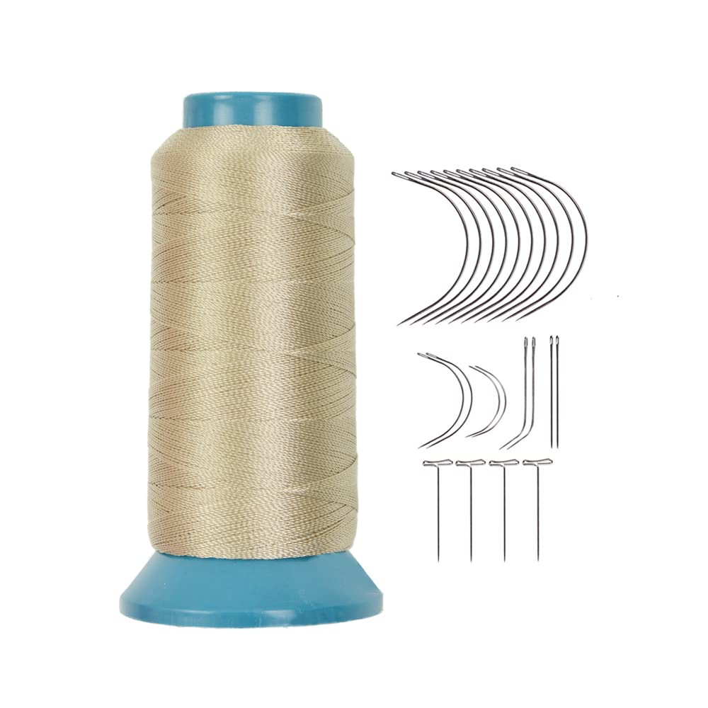 Bonded Sewing Thread Polyester Weaving Thread 1200 Yards 250D with 12pcs 9cm C Type Needles Curved Hair Needles（Gray Blonde）