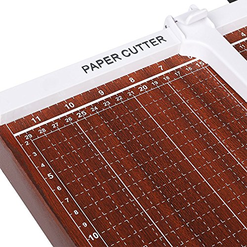 Guillotine Paper Cutter and Trimmer, 15 inch Cut Length, 12 Sheet Capacity for Home Office, Automatic Clamp, Sturdy Wood Base (Red)